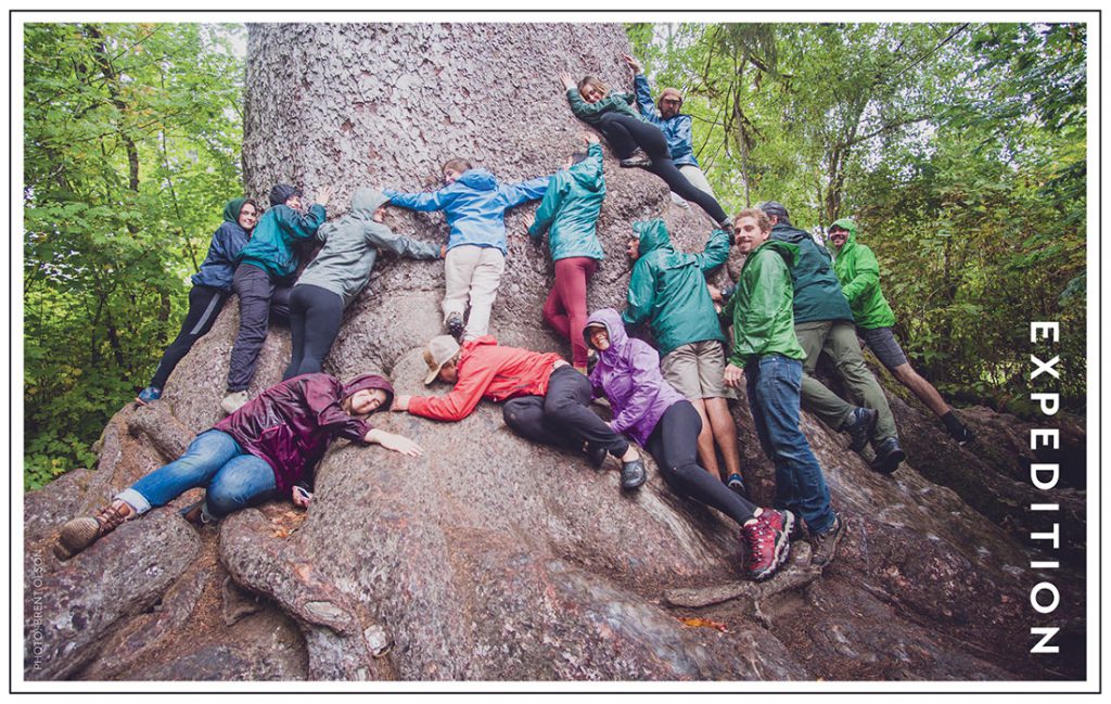 group of student hugging a large tree