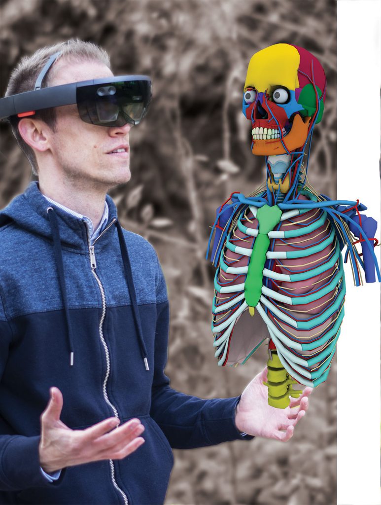 man with vr set on and skeleton animation
