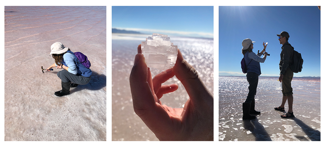 Collage of three photos showing Professor Bonnie Baxter and student collecting and analyzing salt samples in the Great Salt Lake.
