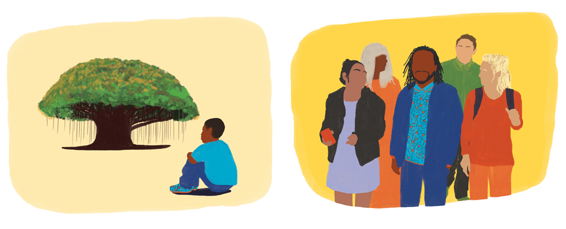 Illustrations in two panels, the first one shows a young Karnell, the article's author, looking at a Banyan tree, and the second panel shows Karnell today, with a group of people around him.