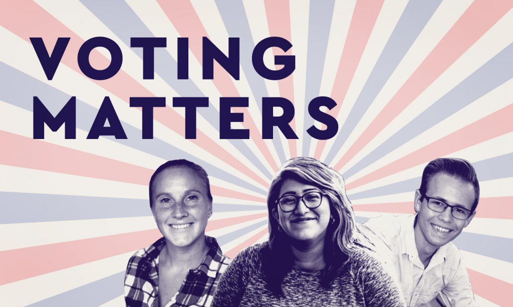 3 students and "Voting Matters" text