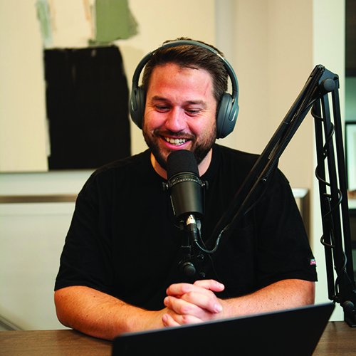Michael Ramon Aguilar recording a podcast